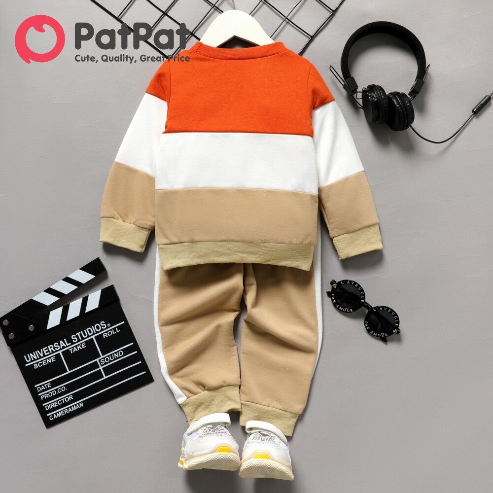 PatPat Toddler Boy Set 2pcs Trendy Letter Print Colorblock Sweatshirt and
