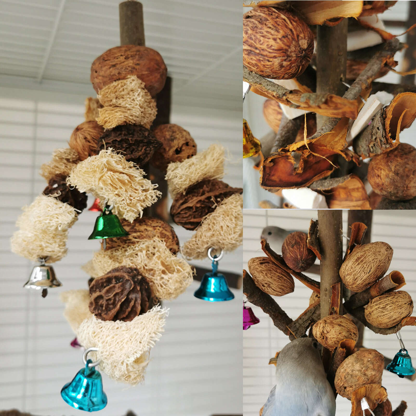 gu99 Bird Toy with Bell Teeth Molar Natural Wood Parrot Hanging Foraging Toys Bird Supplies Parrot Chew Toy