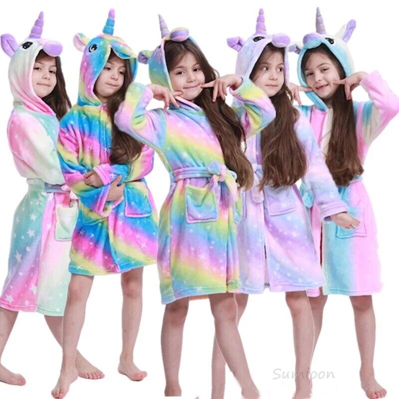 Kigurumi váy in hình thú trùm đầu đầy màu sắc Áo choàng tắm trẻ em bé cầu vồng Áo choàng tắm pyjama bé trai bé gái Đồ Ngủ Đồ Ngủ Đồ ngủ trẻ em 3 4 5 7 9 10 12 năm