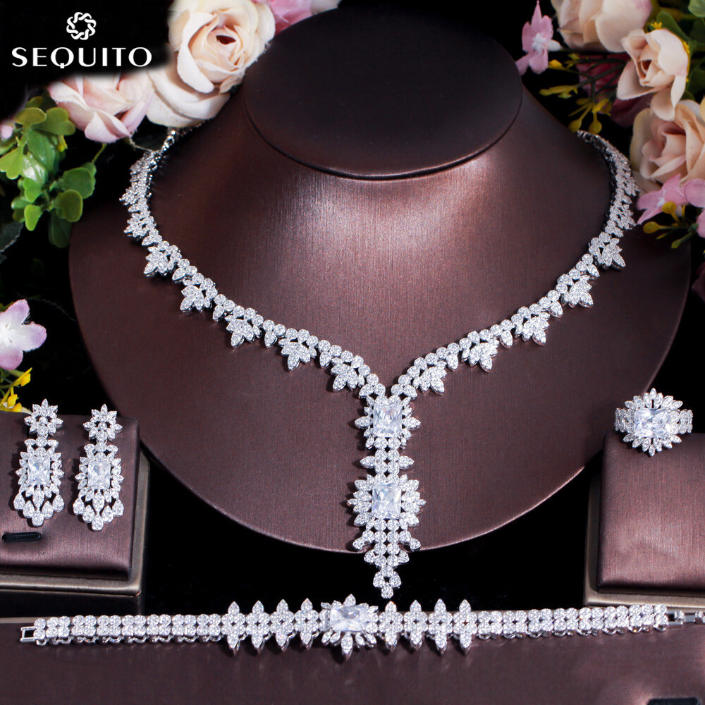 SEQUITO Mặt Dây Chuyền Dài Cho Nữ Đính Kim Cương AAA CZ Mạ Vàng Trắng Chất Lượng Cao Bông Tai Vòng Tay Nhẫn Bộ Trang Sức 4 Món Phụ Kiện Cho Đầm Dự Tiệc Đám Cưới Chữ V Sâu SJ243