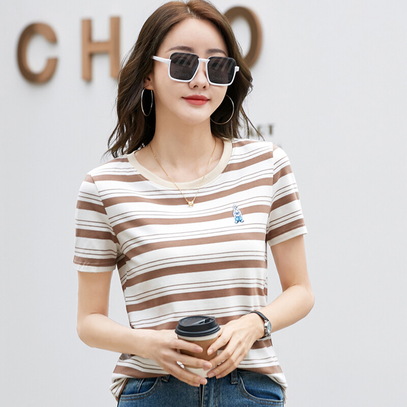 Áo thun nữ cổ cổ tròn ngắn tay áo thun kẻ sọc thường ngày áo cổ tròn cotton 93%