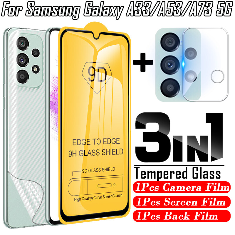 Phim Bảo Vệ Màn Hình 9D 3 Trong 1 Cho Samsung Galaxy A73 5G + Phim Sợi Carbon Mặt Sau 3D + Phim Ống Kính Máy Ảnh HD Cho Samsung Galaxy A53 A33 A23 A13 M33 M23 Kính An Toàn Mặt Trước 9D Cường Lực màng Kính