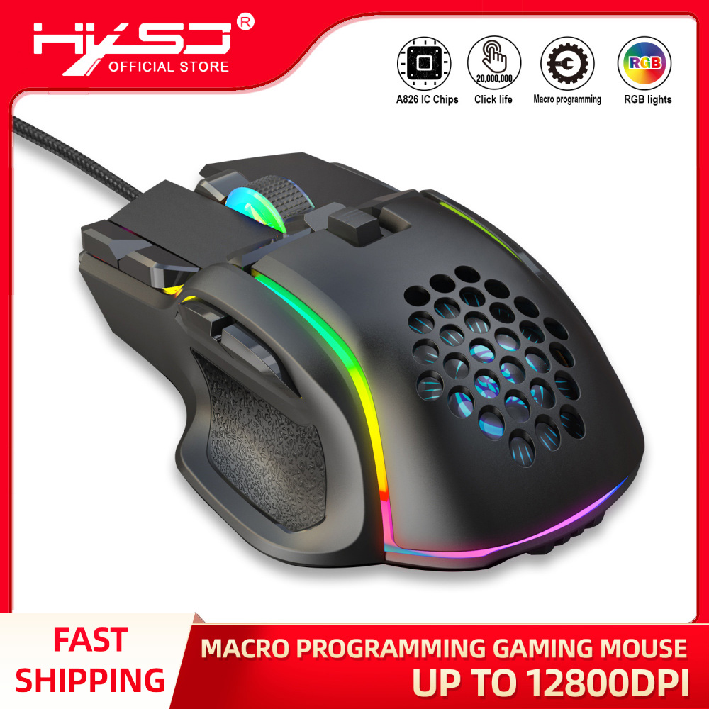 Hxsj chuột chơi game usb 12800 dpi mới chuột chơi game có dây lập trình 10 nút đèn nền rgb cho máy tính xách tay máy tính để bàn