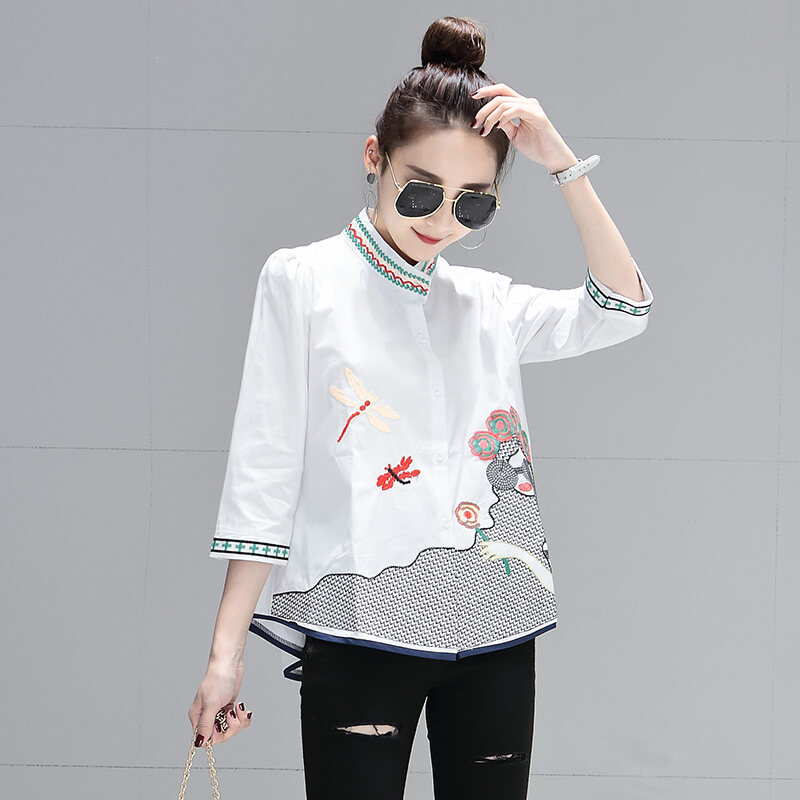 Phụ Nữ Áo Sơ Mi Trắng Thêu Giản Dị 3/4 Tay Áo Kiểu Rộng Phụ Nữ Quần Áo Cỡ Lớn
