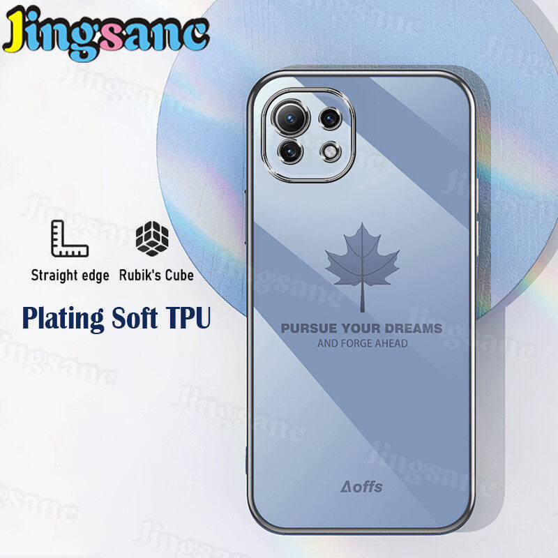 Jingsanc Ốp Điện Thoại Cho Xiaomi Mi 11 Lite/Mi 11 Lite 5G/Mi 11 Lite 5G NE/11 5G/10T 5G/10T Pro 5G Tranh Lá Phong Sang Trọng ốp Viền Vuông Thẳng Mạ Điện TPU Mềm Ốp Lưng Ống Kính Bao Gồm Tất Cả Chống Sốc Mạ