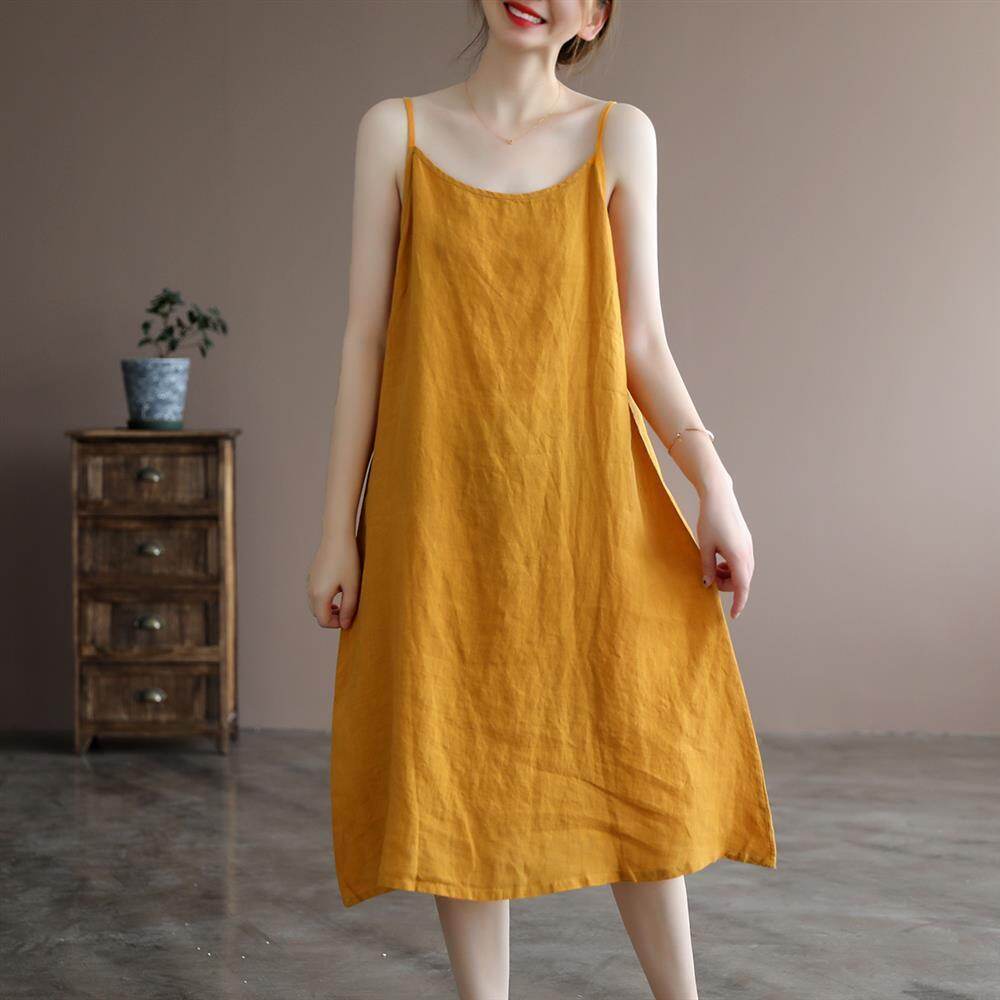Whitetime váy có dây đeo bằng vải lanh cotton váy dài có dây đeo mùa hè cho nữ 301s0052