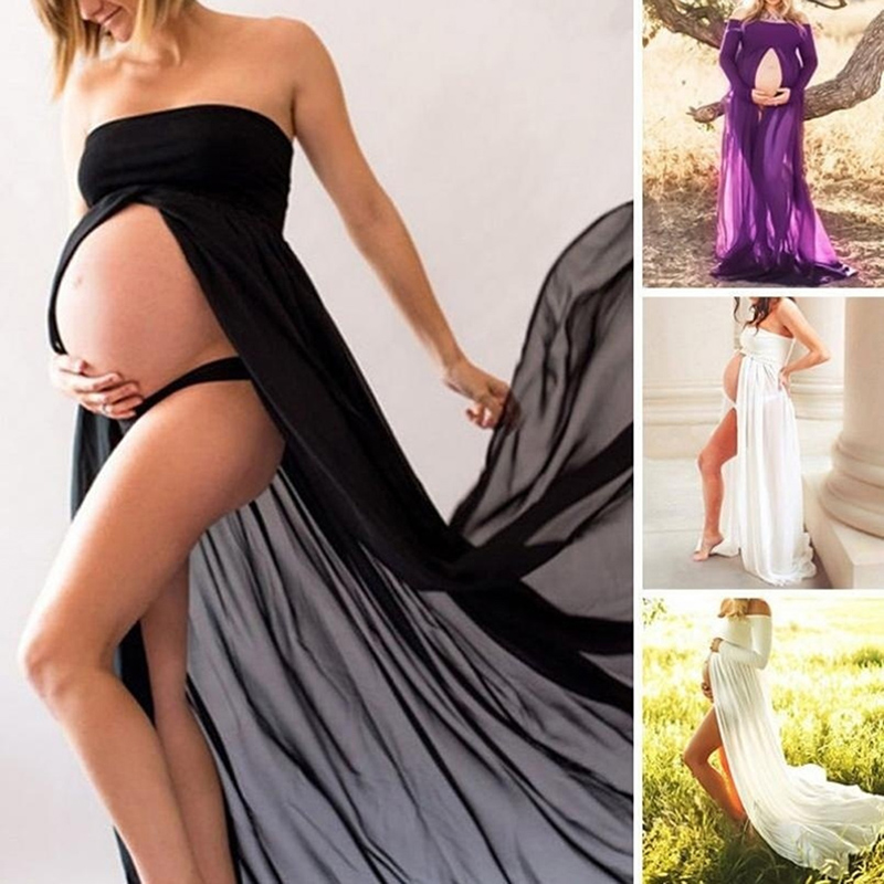 Mode Shop Phụ Nữ Váy ĐenĐầm Voan Đạo Cụ Chụp Ảnh Bà Bầu Đầm Maxi Dài Thời Trang Nữ Hở Vai