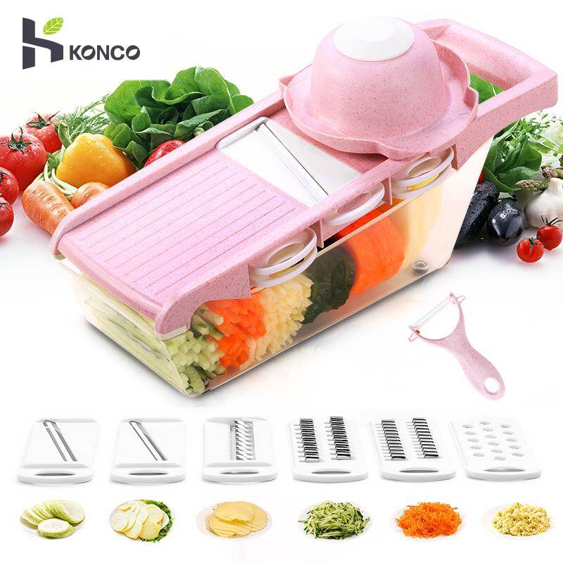 Dụng Cụ Bào Konco Dụng Cụ Cắt Rau Dụng Cụ Thái Lát Mỏng Và Dài-6 Lưỡi Dao Hoán Đổi Với Dụng Cụ Bóc Vỏ, Dụng Cụ Bảo Vệ Tay, Hộp Đựng Thực Phẩm-Màu Hồng