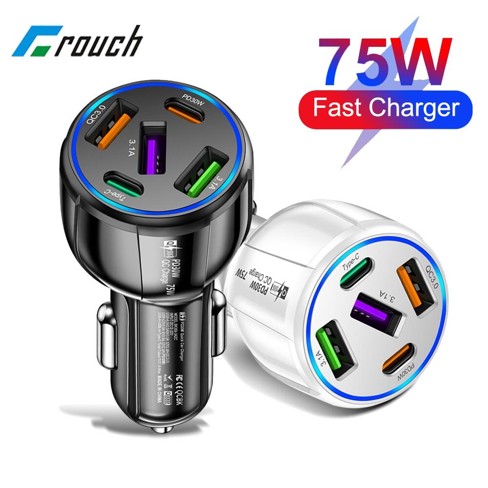 5 Cổng 75W sạc USB trên ôtô Loại C USBC Xe Nhanh Chóng Sạc Qc3.0 PD điện thoại trong xe ô tô Bộ Sạc Adapter Cho