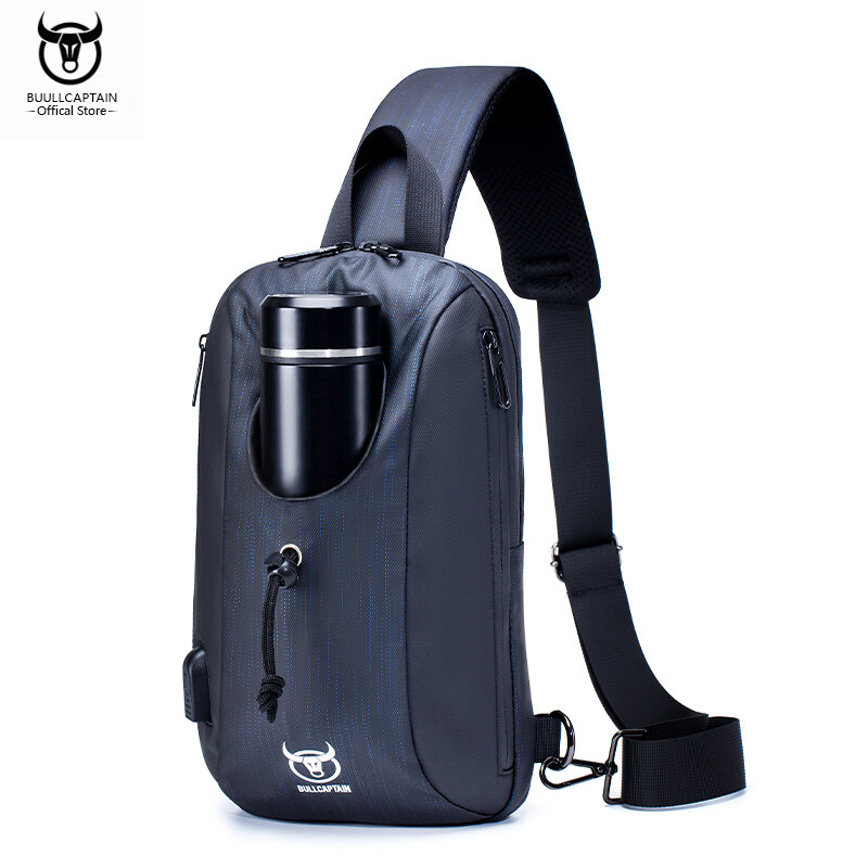 BULLCAPTAIN Waterproof Men's Chest Bag Multifunctional USB Charging 10 Inch Tablet PC Bag Oxford Cloth Thermos Cup Decompression Shoulder Pad Men's Single Shoulder Messenger Bag