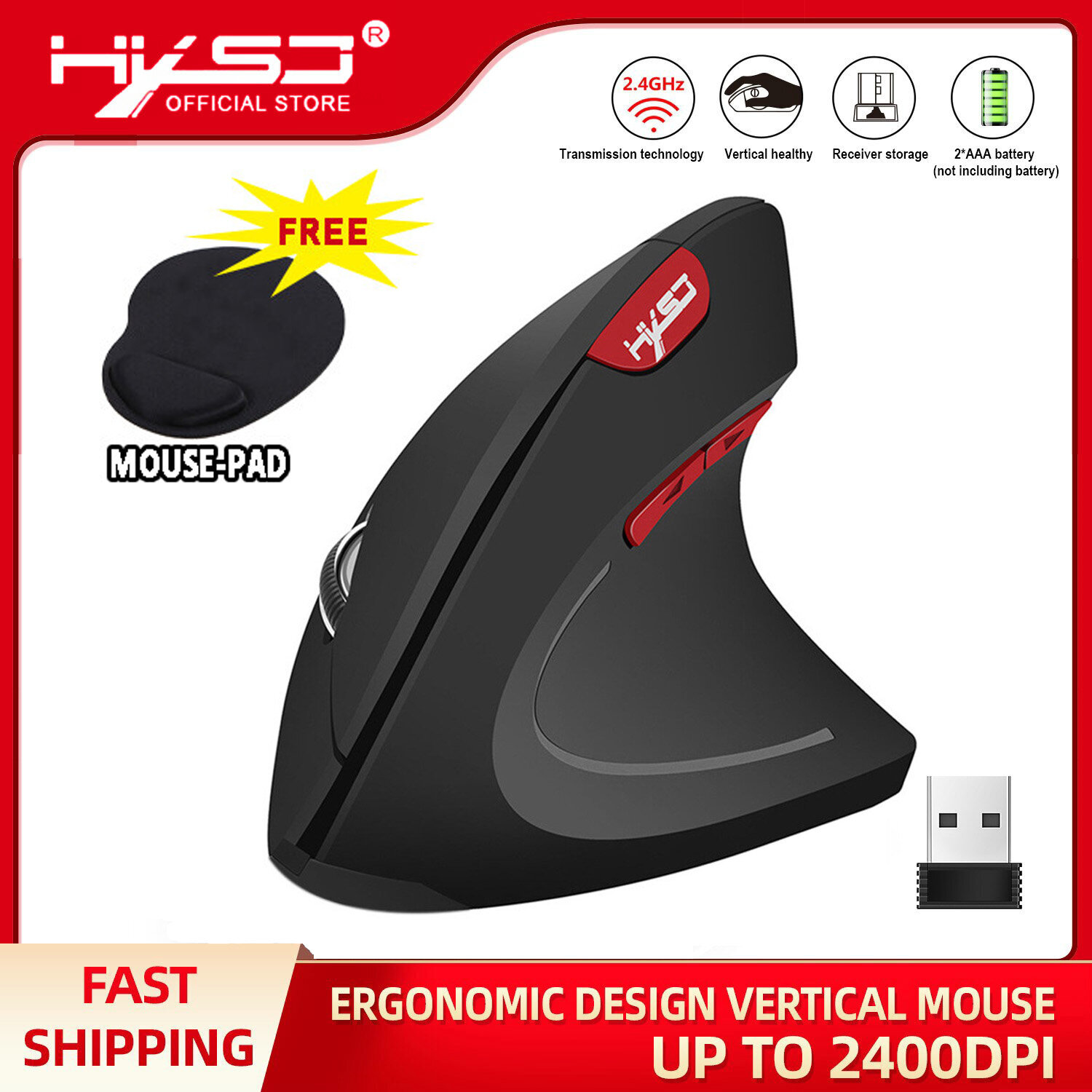 Chuột Không Dây HXSJ Quang 2.4G Chuột Công Thái Học 800/1600/2400DPI Điều Trị Cổ Tay Chuột Dọc Cho PC Và Notebook