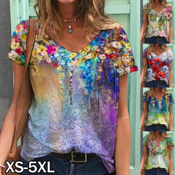 [Clearance Sale]LOMOGI New Women's Fashion V Neck Slim Fit Short Sleeve Pullover 3D Flowers Print Casual T Shirt Tops Plus Size S-5XL ราคา 135 บาท*ส่งฟรี