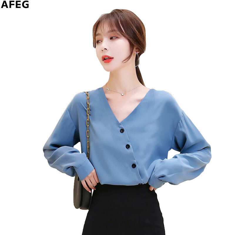 AFEG Thời Trang Cổ Chữ V Phong Cách Hàn Quốc Màu Trơn Mới Áo Cánh Voan Dài Tay Phù Hợp, Dành Cho Nữ