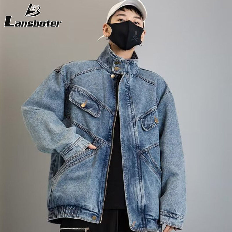 Lansboter đứng cổ áo Áo khoác Denim nam phong cách Hàn Quốc mới không đều áo khoác áo khoác Jacket đẹp trai đường phố rộng