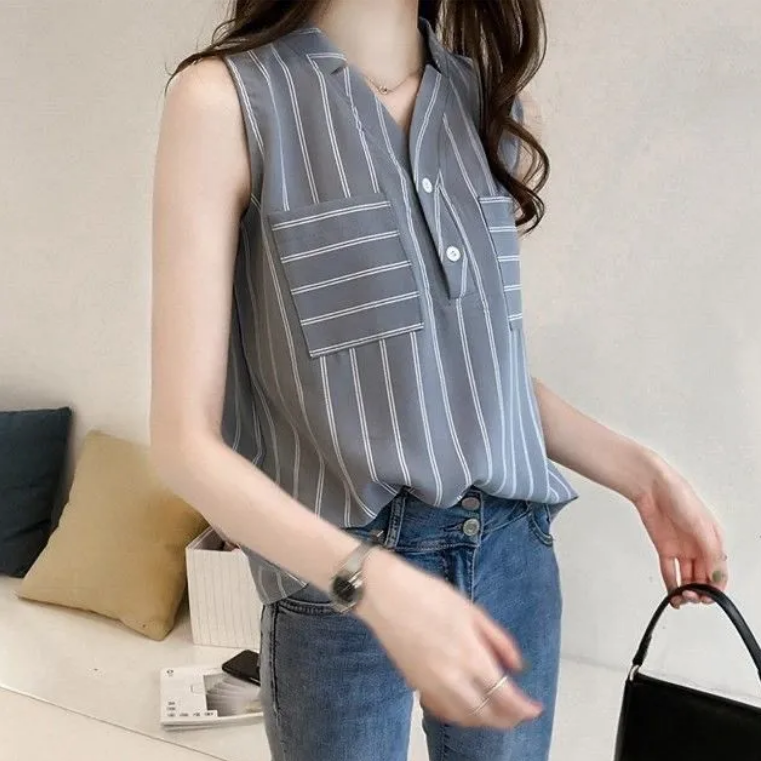 LAREINE Sơ mi nữ không tay v-cổ Áo Blouse kẻ sọc sang trọng Hàn Quốc phong cách cỡ lỡn phụ nữ áo kẻ sọc