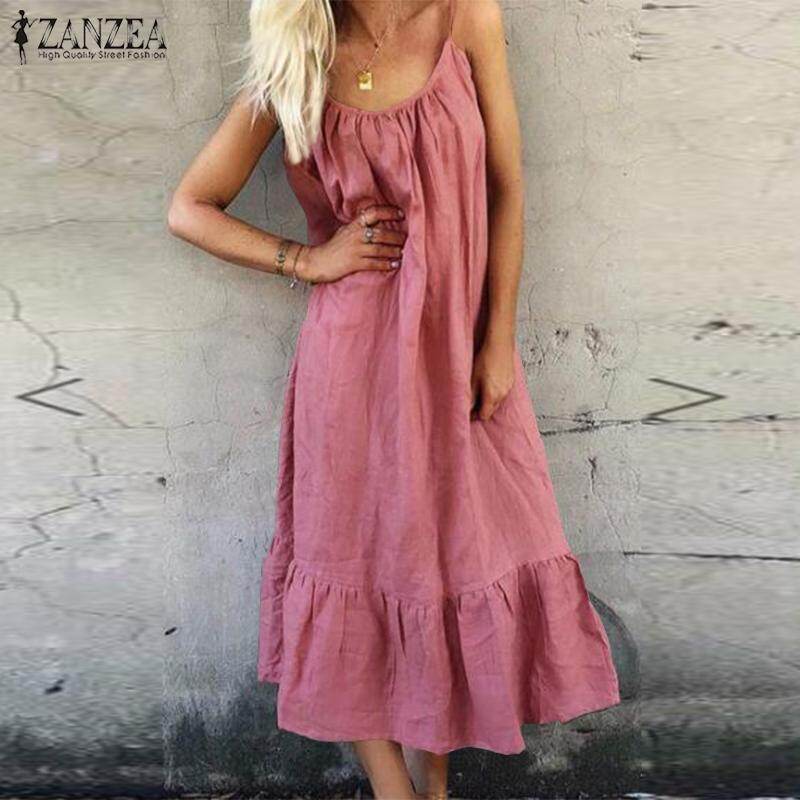 ZANZEA Đầm Nữ Đi Biển Viền Nhún Bèo Không Tay Mùa Hè Đầm Maxi Dài Nữ