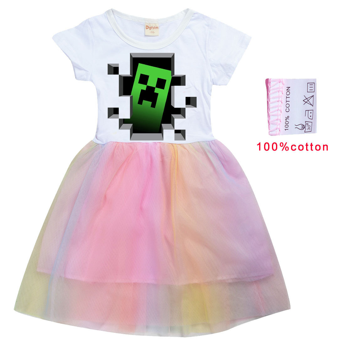 Mine-crafts Girls Rainbow Gauze Dress Kids Game Character Creeper Flounced Dress 8228 Short Sleeve Pure Cotton Mesh Dress - 2