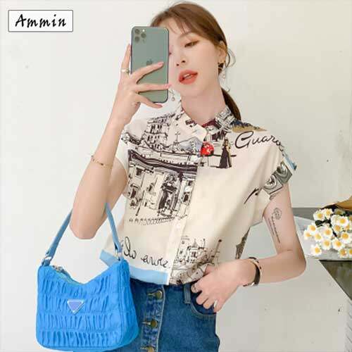 AMMIN summer new women's short-sleeved printed shirt fashion foreign temperament top Slim covering belly chiffon top