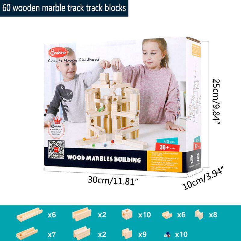 Bộ lắp ráp đường ray đá cẩm thạch bằng gỗ 60 chiếc xây dựng khối, bóng câu đố trẻ em đồ chơi giáo dục, trẻ em quà tặng