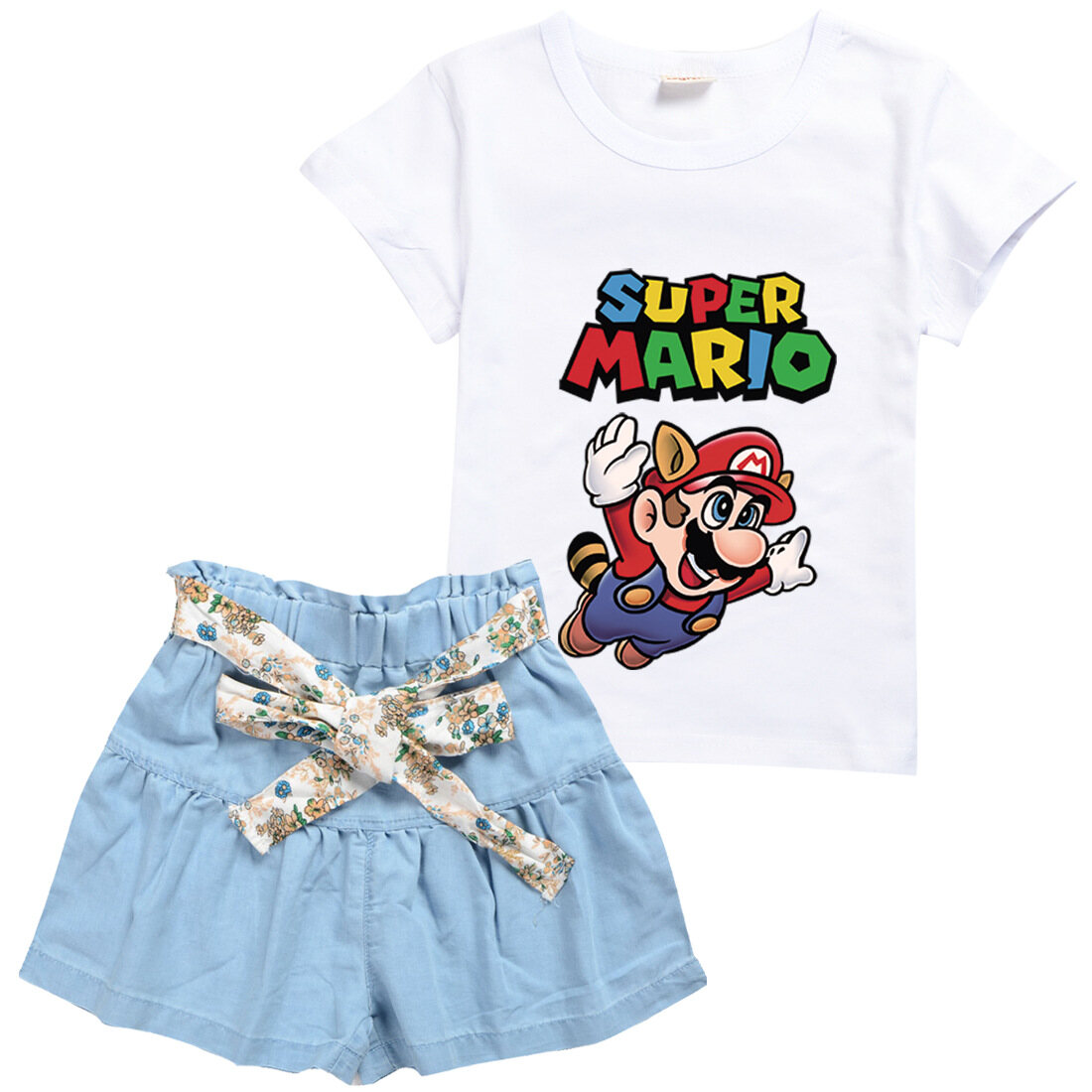 Anh em Super Mario Mùa Hè Bowknot quần bò ngắn Và Tops Skort Bộ Áo Phông Cho Trẻ Em Cô Gái Cotton + Polyester 2-15 Năm Phim Hoạt Hình Girlbaby tay ngắn quần áo trẻ em 0000