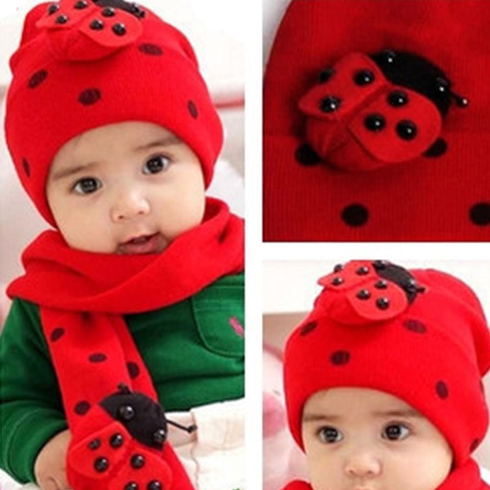 LIEYH มาใหม่ล่าสุด Ladybug สัตว์อุปกรณ์เสริมฤดูหนาวอะคริลิคเสื้อผ้าเด็กผู้ชายหมวกผ้าพันคอชุดหมวกผ้าพันคอถักหมวกผ้าฝ้ายนุ่มโครเชต์ Beanie