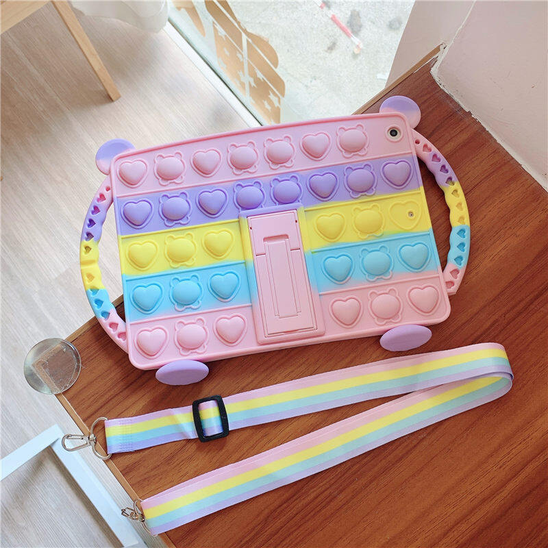 Vỏ Gấu 3D Dễ Thương Cho Apple iPad 2/3/4/5/6/7/8 Generation Mini1/2/3/4/5/6 Pro 9.7 "/10.5"/11.0 "2018/2020/2021 đồ Chơi Giảm Căng Thẳng Bong Bóng Đẩy Vỏ Cầu Vồng Bằng Silicon Mềm Cho Trẻ Em Dây Đeo Vai Có Thể Điều Chỉnh