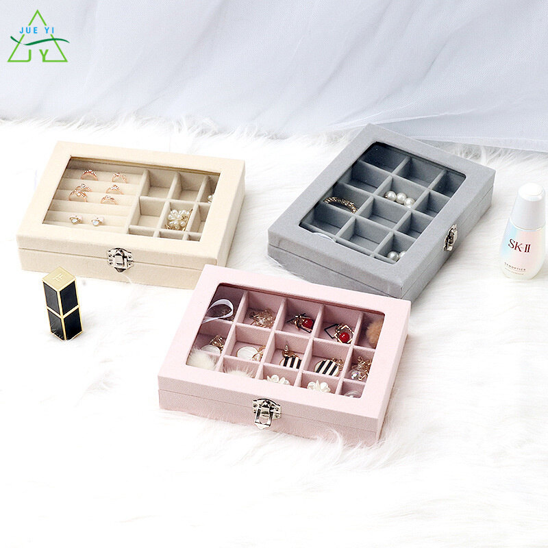 Ks hộp đựng trang sức hộp đựng nhẫn hộp đựng trang sức bông tai đinh tán chất liệu flannel đơn giản có nắp hộp đựng trang sức chống bụi hộp đựng vòng cổ