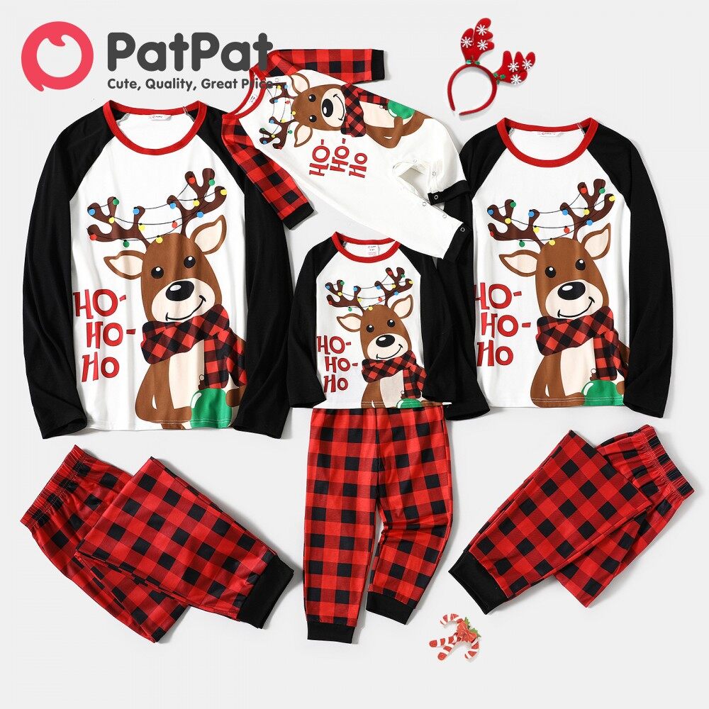 PatPat Christmas Family Bộ Đồ Ngủ Kẻ Sọc Đỏ Tay Áo Ragaln & Tuần Lộc Phù Hợp Với Gia Đình Giáng Sinh (Chống Cháy)