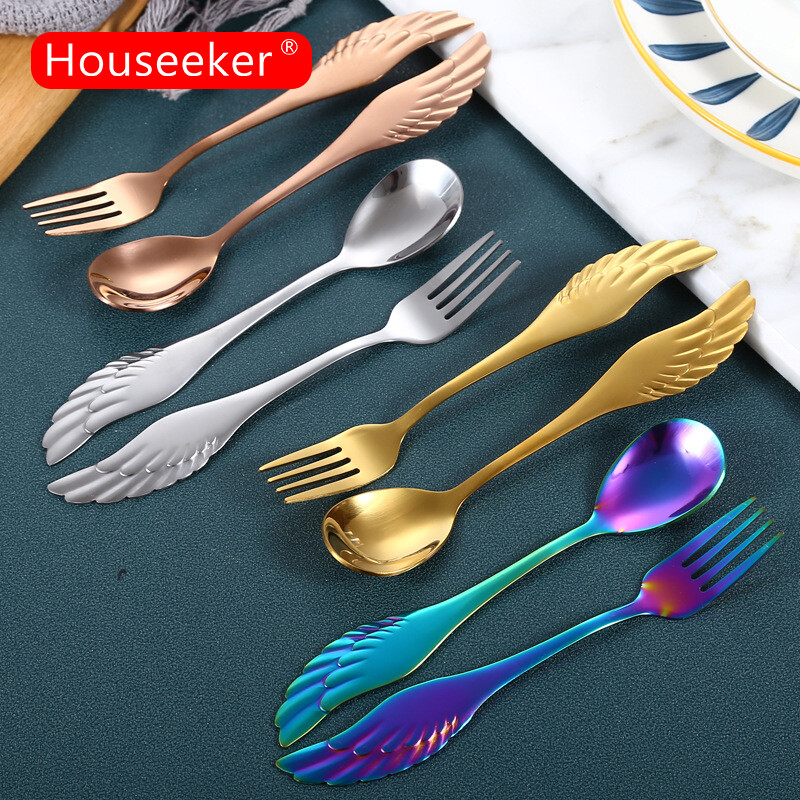Houseeker Thìa Trà Cà Phê Cánh Thiên Thần, Nĩa Trái Cây Màu Vàng Bạc Cổ Điển Thìa Khuấy, Đồ Dùng Nhà Bếp Bộ Đồ Ăn Phụ Kiện