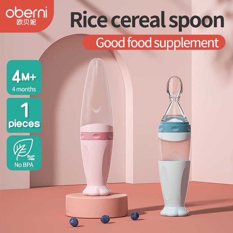Oberni Baby Rice Cereal Spoon Milk Bottle Silicone Spoon Squeeze Baby