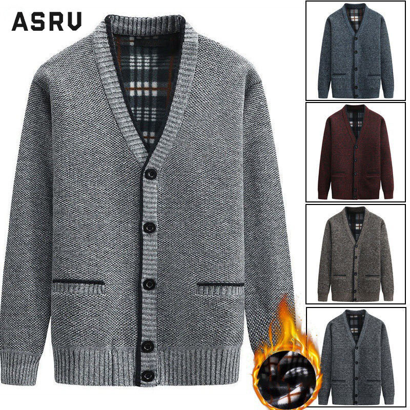 ASRV áo cardigan nam áo khoác mùa đông áo sweater Áo Len Nhung Lông Ngoại Cỡ Cho Nam Thanh Niên Áo Khoác Dệt Kim Dày Cổ Chữ V Cho Bố Trung Niên Và Người Già