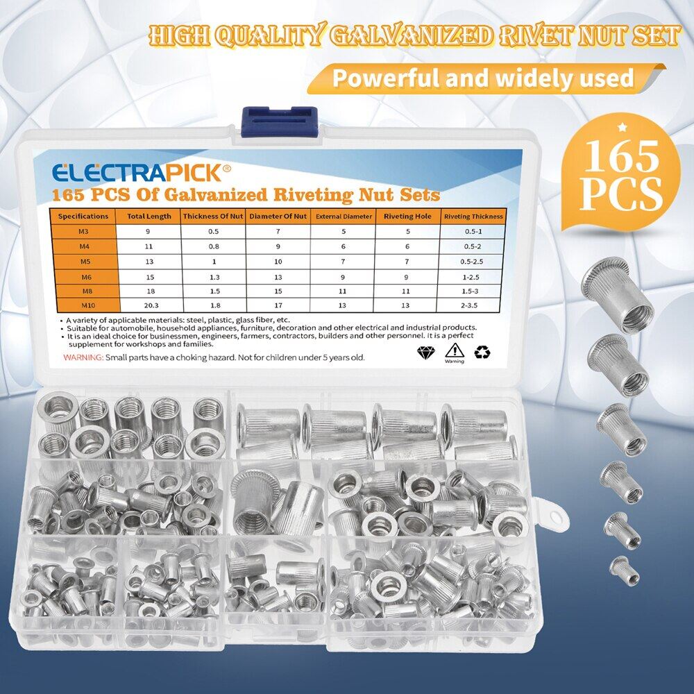 165 chiếc đai ốc đinh tán kích thước hỗn hợp m3 m4 m5 m6 m8 m10 đai ốc đinh tán đầu phẳng bằng nhôm chèn đinh tán kèm hộp nhựa
