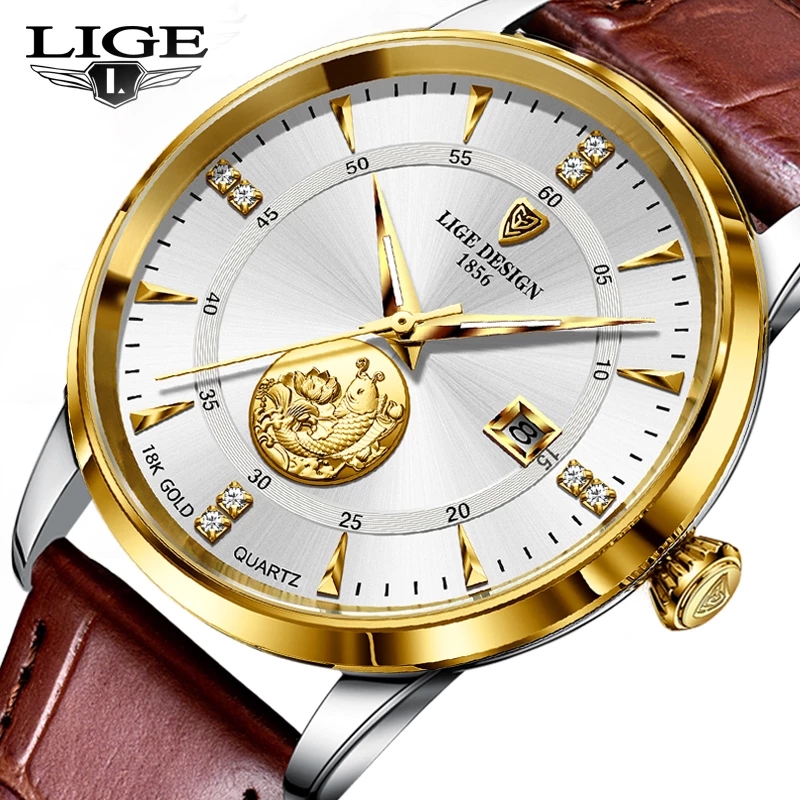 LIGE mới Đồng Hồ Nam Đồng hồ mặt số siêu mỏng 7MM có lịch Đồng hồ thạch anh bằng da đồng hồ nam chống nước + Hộp