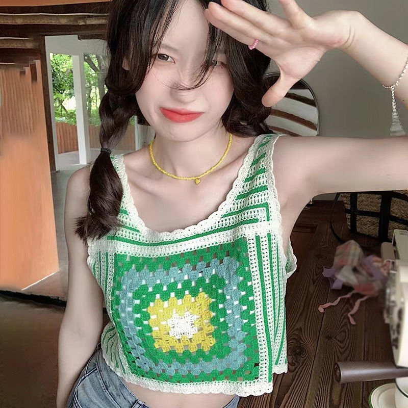 Beautyinggirls áo ba lỗ nữ áo khoác dệt kim không tay đan móc khoét lỗ chắp vá cổ điển