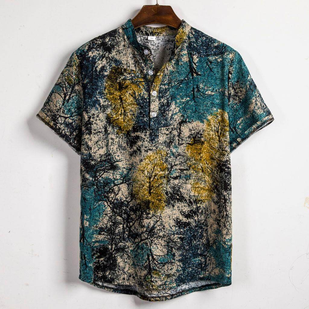 Mens nút váy áo có cổ áo sơ-mi công sở áo nam in tay ngắn dân tộc giản dị áo sơ mi cotton người đàn ông của áo Mens Áo giản dị áo