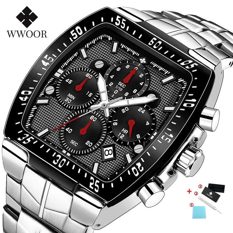 WWOOR Đồng Hồ Đeo Tay Nam Vuông Thời Trang Thường Ngày, Đồng Hồ Thạch Anh Nhật Bản Sang Trọng Hàng Đầu Cho Nam, Đồng Hồ Đeo Tay Bằng Thép Không Gỉ Có Lịch Có Hộp Miễn Phí-8836