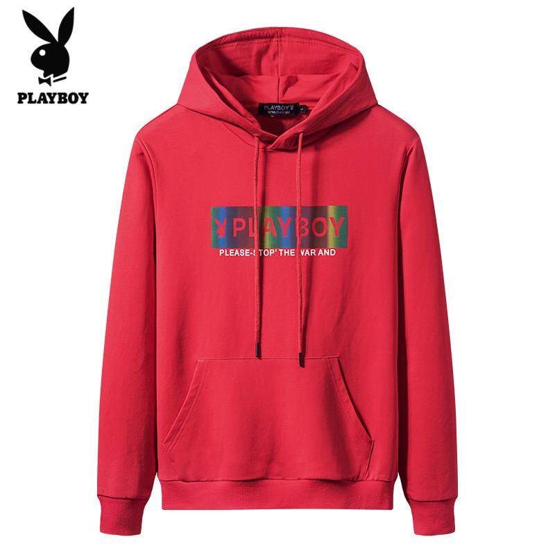 PLAY BOY แฟชั่น Mens โลโก้ที่มีสีสันคู่มีหมวกสเวตเชิร์ตลำลองบางส่วนกระเป๋าขนาดใหญ่ยี่ห้อ Mens Tops(M-4XL)