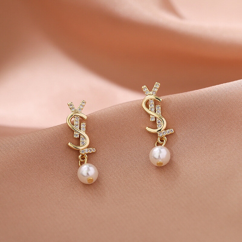 Bông Tai Thả Chữ Cái Zircon Lấp Lánh Thời Trang Frascati Bông Tai Ngọc Trai Sáng Bóng Đơn Giản Cho Quà Tặng Phụ Nữ