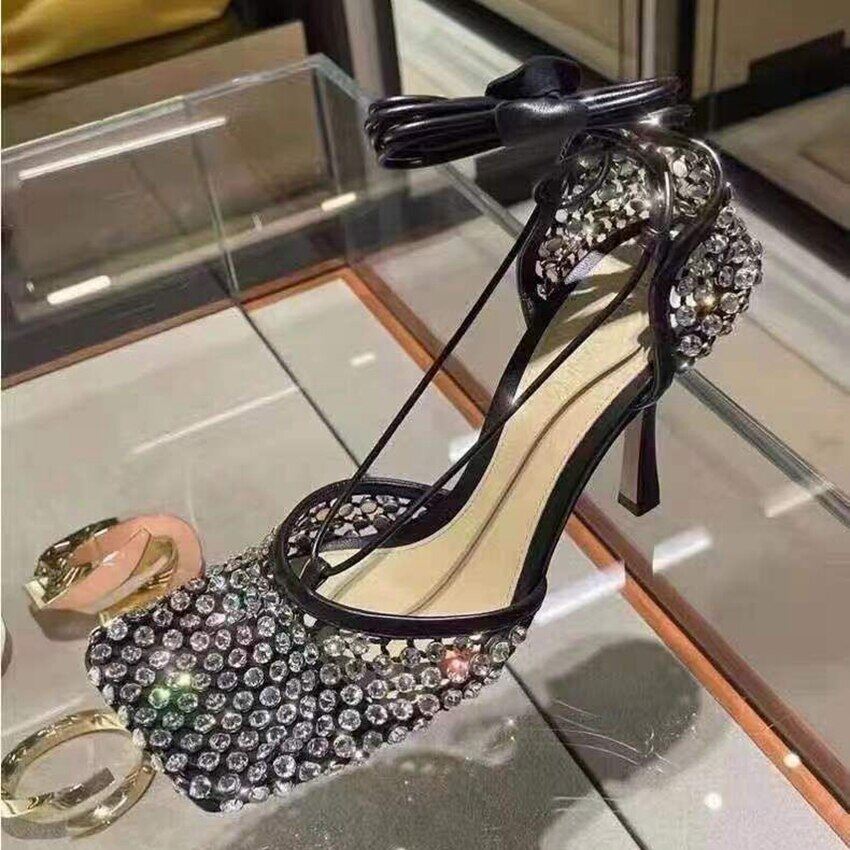 9CM High Heels Women Sandals Crystal Sandal Shoes Woman High Heel Shoe Womens Ankle Strap Summer Sandals Rhinestone Pumps
