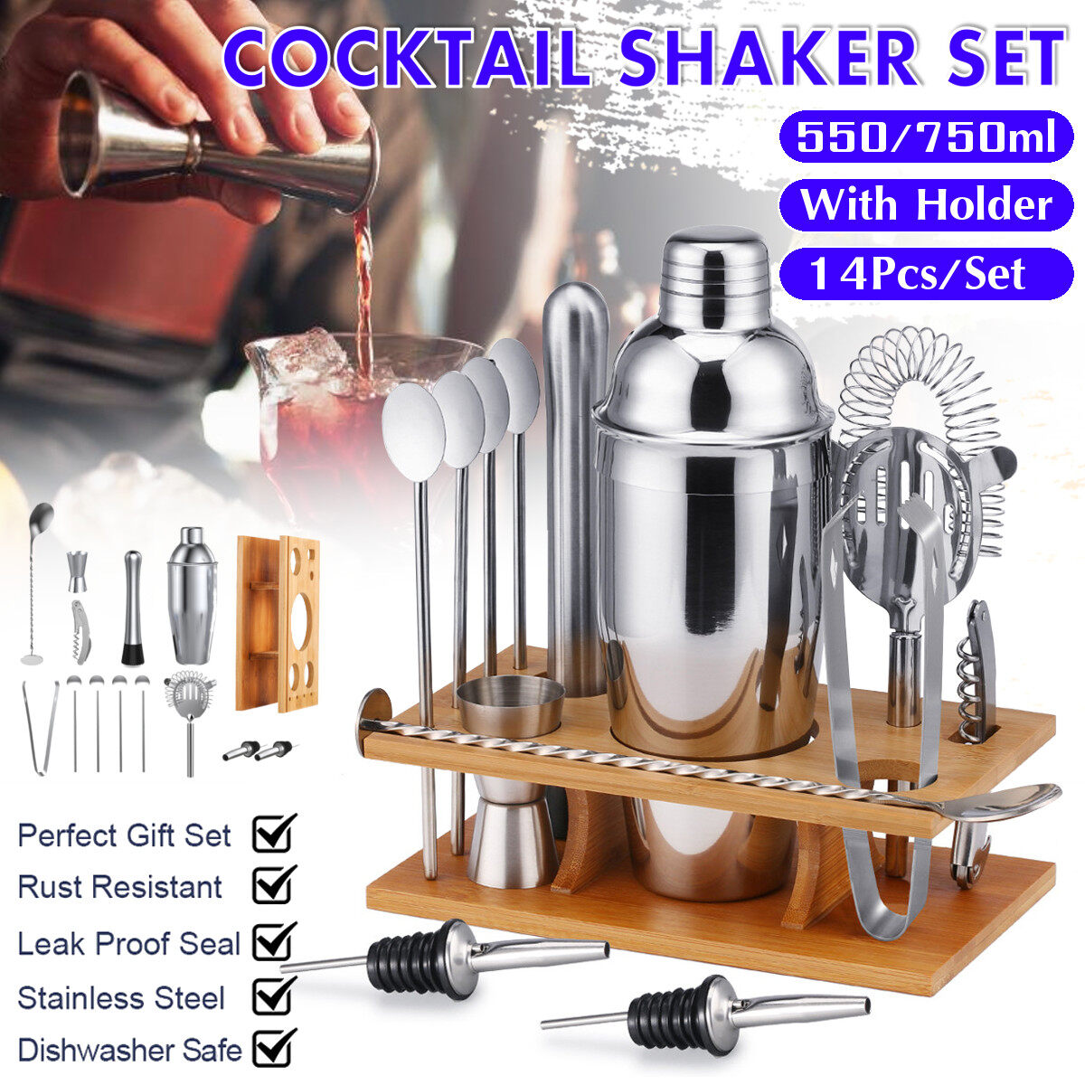Generic 14Pcs Cocktail Shaker Set Mixer Martini Spirits Bar Spoon Tongs