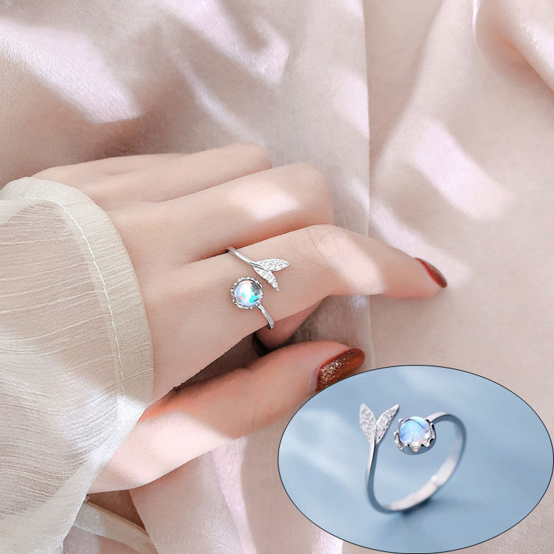Nhẫn Bạc Điều Chỉnh Được Cá Tính Đuôi Trăng Đá Dễ Thương Trang Sức Tinh Xảo Cho Nữ Dự Tiệc Phụ Kiện Thanh Lịch