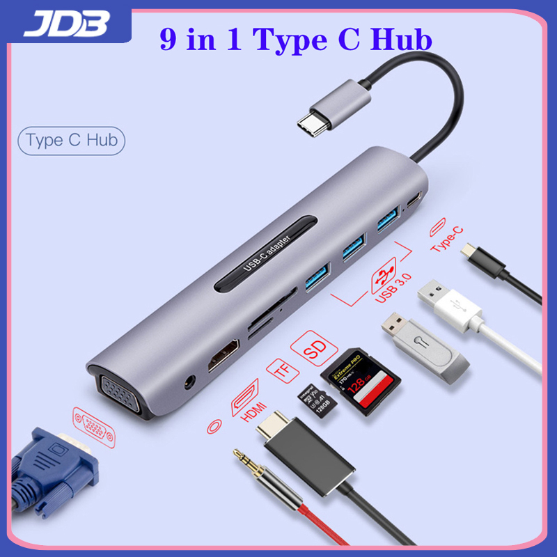 Jdb 9 trong 1 usb type c sang hdmi 4k + vga hub 3 cổng usb 3.0, đầu đọc thẻ sd tf, cổng pd sạc nhanh type-c cho macbook air/pro 2017 2018 2019, 2020,2021dell xps , samsung galaxy , huawei