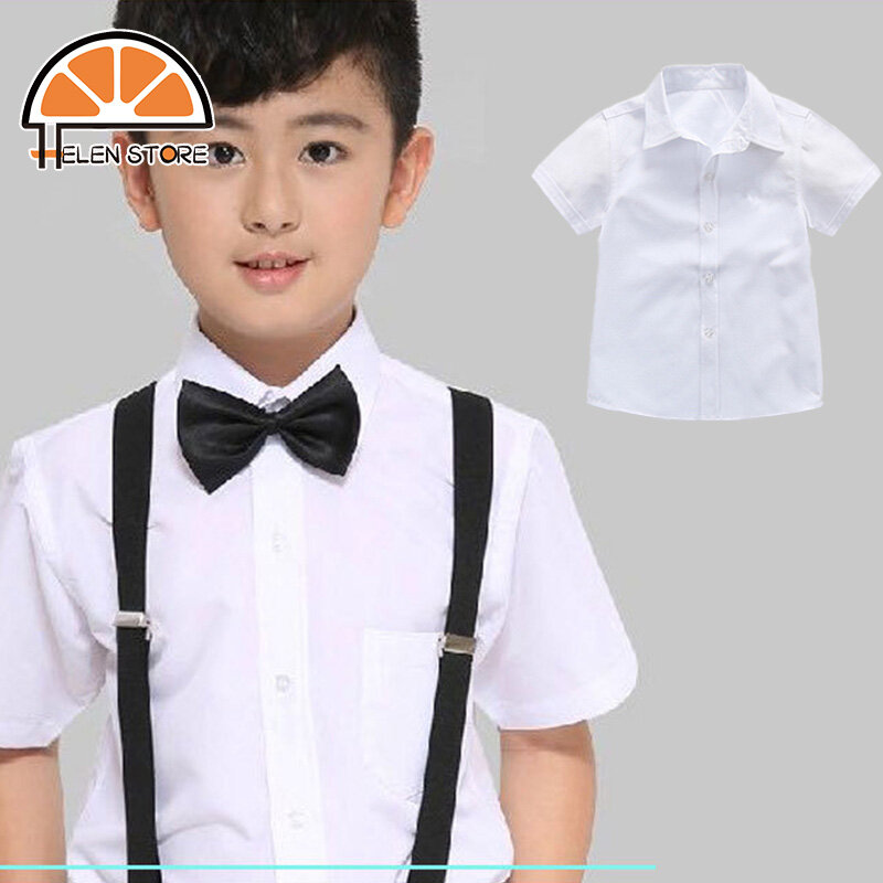 Hs áo sơ mi trắng trẻ em, áo sơ mi ngắn tay của bé trai, áo sơ mi biểu diễn màu trắng của bé trai