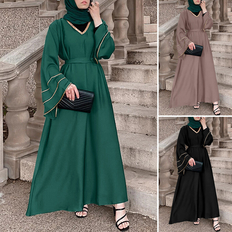 Esolo ZANZEA Muslimah Đầm Maxi Dài Tay Loe Dubai Hồi Giáo Cho Nữ Có Thắt Lưng MLS #31