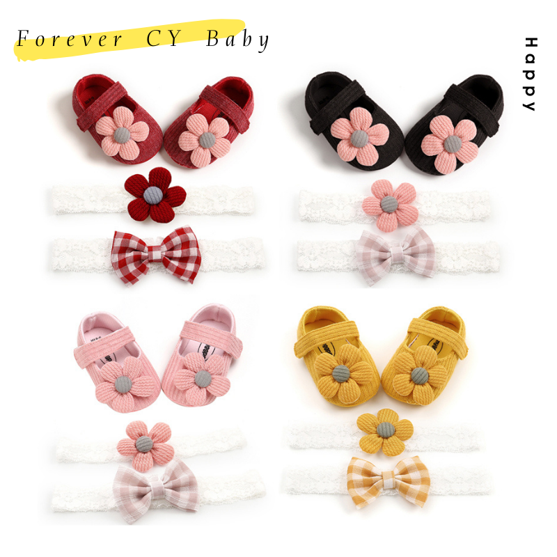 【Forever CY Baby】Baby รองเท้าเด็กผู้หญิงรองเท้าเด็ก + โบว์ + เซ็ตที่คาดผมดอกไม้ Applique Soft Sole Mary Jane Flats ทารกเด็กวัยหัดเดิน