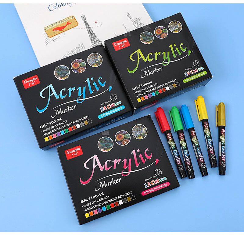 GuangNa 12/24/36/48/60 Colors Acrylic Marker set Soft Brush Tip Markers pen for Ceramic Rock Glass Wood Fabric Painting