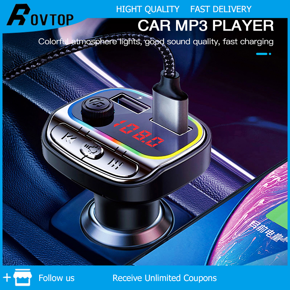 Rovtop bộ phát fm bluetooth cho xe hơi đèn nhiều màu máy nghe nhạc bluetooth cho xe hơi bộ sạc máy nghe nhạc mp3 cho xe hơi usb kép sạc nhanh đa chức năng