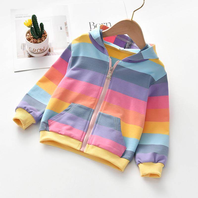 KTtrade 2-8Years Cô Gái Quần Áo Áo Khoác Ngoài Cầu Vồng Sọc Áo Giản Dị Dây Kéo Áo