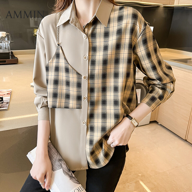 AMMIN 2022 Áo Sơ Mi Kẻ Sọc Phong Cách Anh Cổ Điển Cho Nữ Áo Kẻ Sọc Thời Trang Cá Tính Áo Cánh Kẻ Sọc Dài Tay Thường Ngày