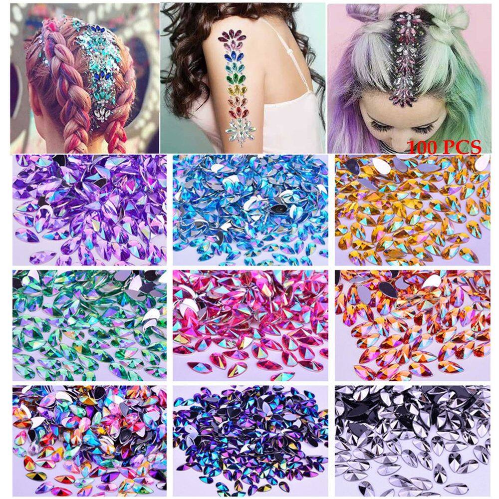 100Pcs 8x13mm Sắc đẹp Đá quý trang trí 3D long lanh Cắt móng tay Thạch móng tay Làm trang sức Hình dạng giọt nước mắt Đá nhọn phẳng